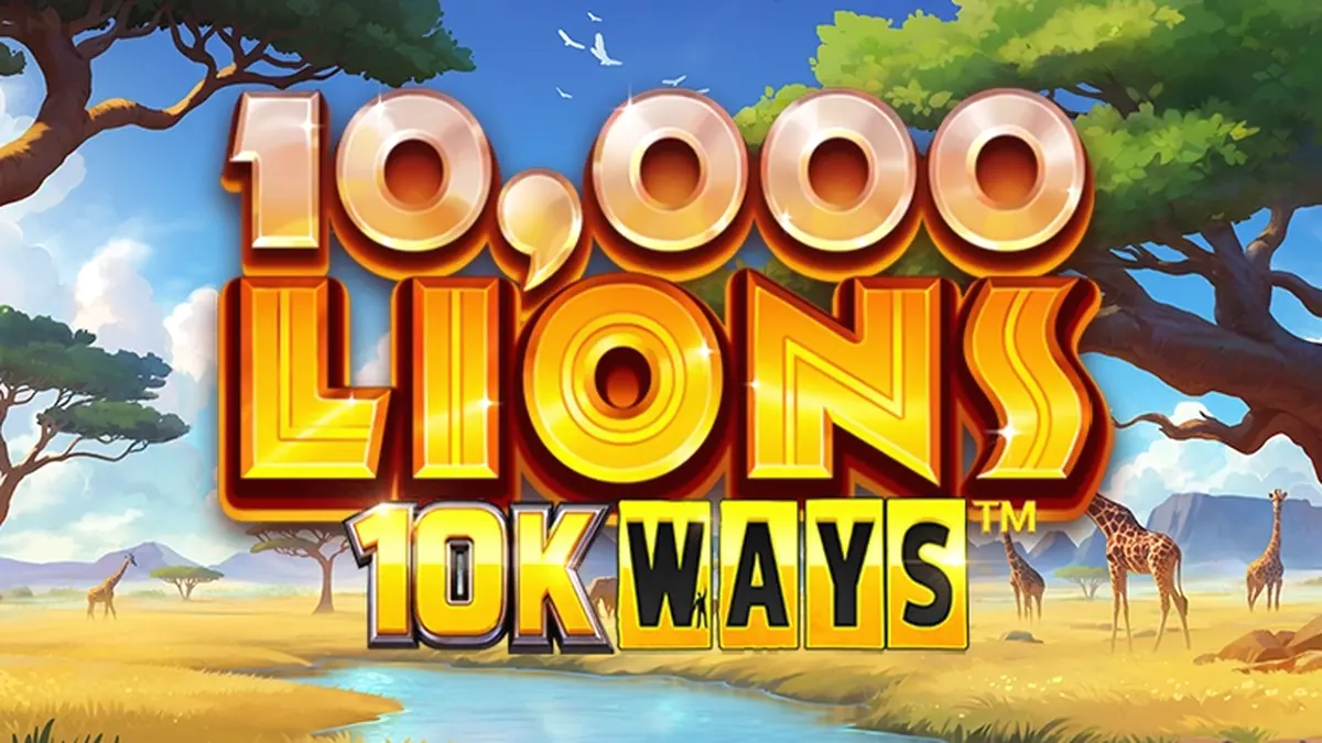 Cena imersiva do slot 10,000 Lions 10K Ways com temática de savana africana