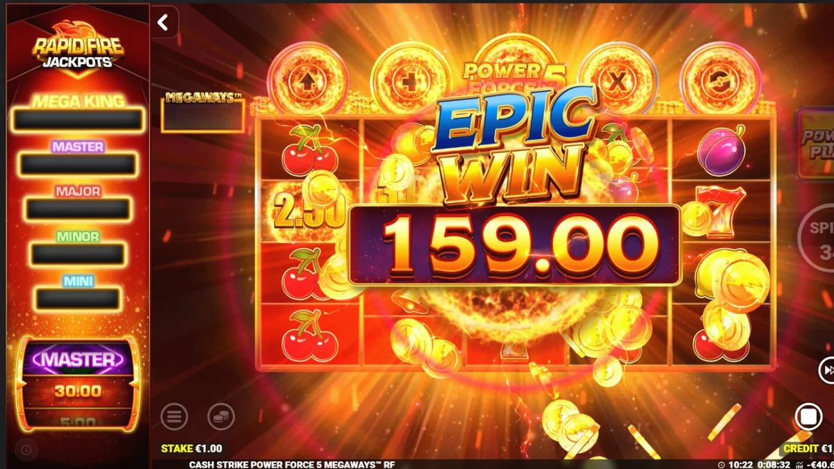Interface do jogo Cash Strike Power Force 5 Megaways com símbolos de frutas e painel de coleta