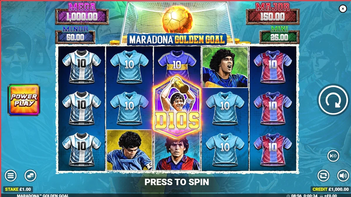 Interface do jogo de slot Maradona Golden Goal com elementos de futebol