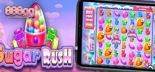 Interface colorida e vibrante do jogo de slot Sugar Rush com grade 7x7